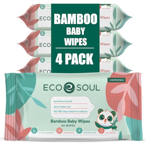 Eco Soul Bamboo Baby Wipes - Hypoallergenic, 100% Compostable, 99.9% Water-Based - 256 Count