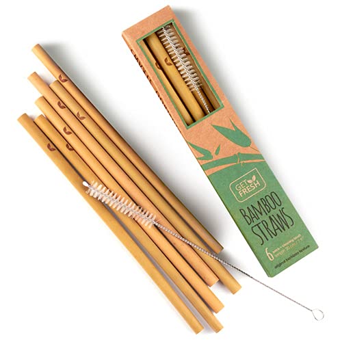 GET FRESH Bamboo Drinking Straws Set - Durable, BPA-free, Natural 6-Pack with Cleaning Brush