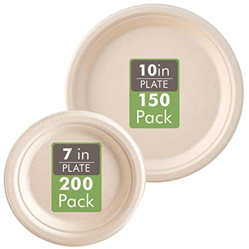 Vplus Compostable Paper Plates - Heavy-Duty, Microwave Safe, 100% Bagasse - 150 x 10in, 200 x 7in