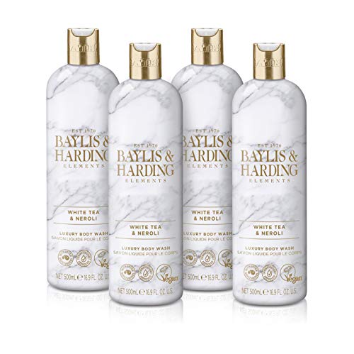 Baylis & Harding Body Wash - Luxurious White Tea & Neroli, Plant-Based, 16.9oz (4-Pack)