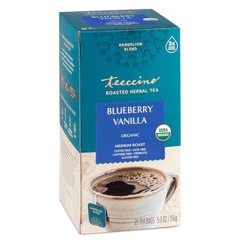 Teeccino Dandelion Blueberry Vanilla Herbal Tea - Natural Energy, Prebiotic Gut Support - 25 Count