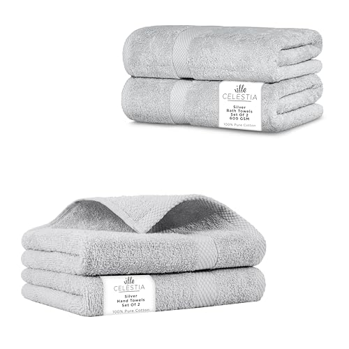 Premium 100% Cotton Towel Set - Soft, Highly Absorbent, Quick Dry - 4-Piece Silver Bundle