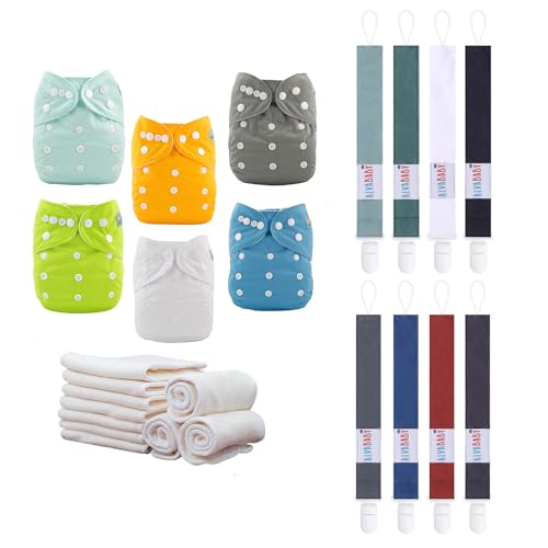 Baby Cloth Diapers 6 Pack & Pacifier Clips - Adjustable, Waterproof, BPA-Free - 3kg-15kg