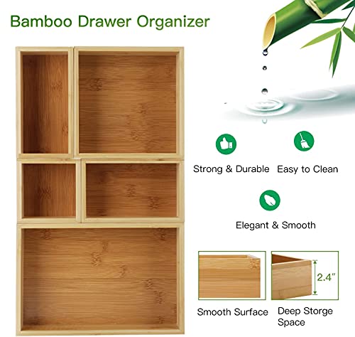 Pipishell Bamboo Drawer Organizer Set - Versatile Storage for Home & Office, 5 Sizes