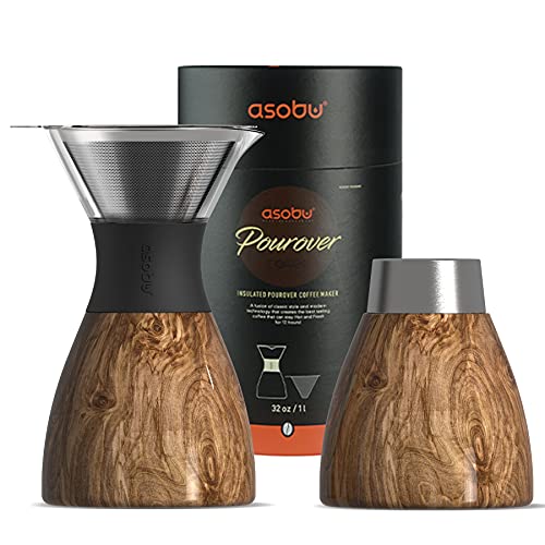 asobu Pour Over Coffee Maker - Retains Heat 12 Hours, Reusable Filter, 32oz Carafe, Wood