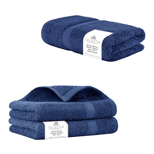 Premium 100% Cotton Towel Set - Soft, Quick-Dry, Absorbent - Navy, 3-Piece Bundle