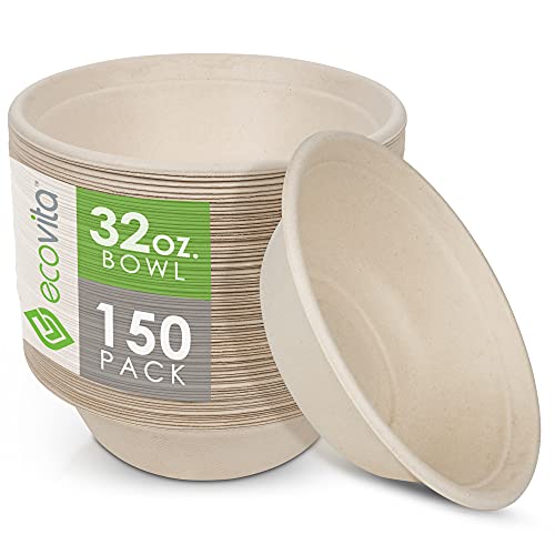 Ecovita Compostable Bowls - Sturdy, Liquid & Heat Resistant, BPI Certified - 150 Pack, 32 oz