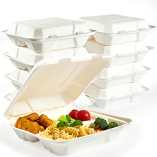 Vplus Compostable Food Containers - Heavy-Duty 3-Compartment, Microwave Safe - 90 Pack, 8"x8"