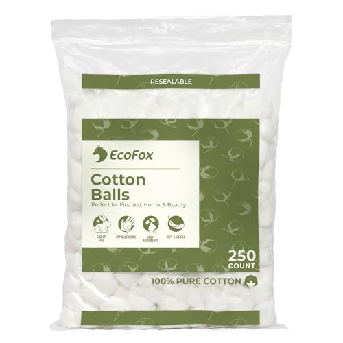 EcoFox Jumbo Cotton Balls - Extra Absorbent, 100% Pure Hypoallergenic Cotton - 250 Count