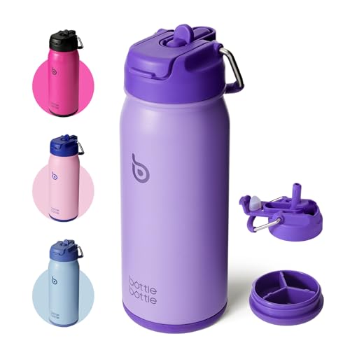 BOTTLE BOTTLE Insulated Water Bottle - Dual-Use Lid, Pill Storage, BPA-Free - 16oz, Purple