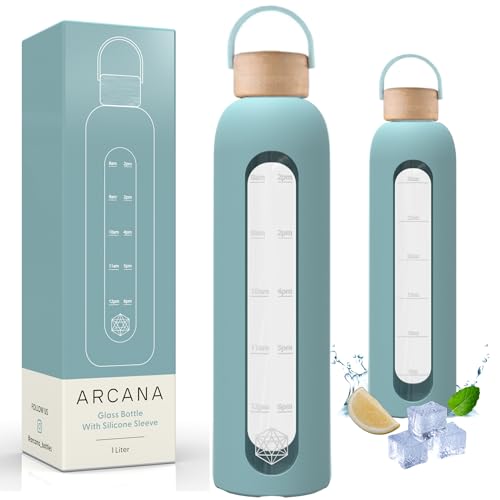 ARCANA Glass Water Bottle - Time Markers for Hydration, BPA-Free, Silicone Sleeve - 32oz Gelato Blue