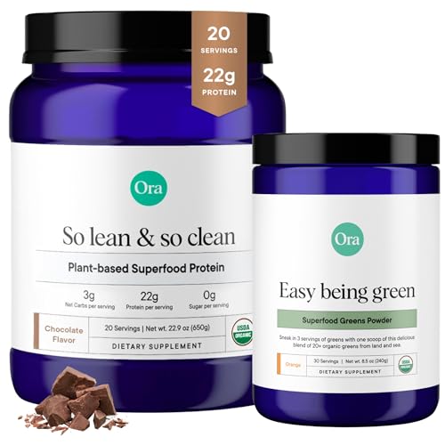 Ora Organic Greens & Vegan Protein Bundle - 20+ Superfoods, Alkaline Support - Citrus & Chocolate