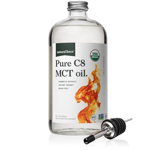 Natural Force Organic C8 MCT Oil - Lab Tested, Non-GMO, Keto & Vegan - 32oz Glass Bottle