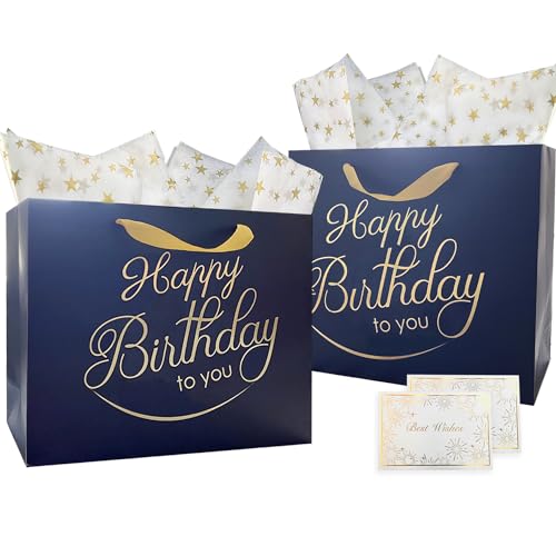 AMROSE Large Birthday Gift Bags - Durable, Recyclable Paper, Navy with Card & Tissue - 2 Pack