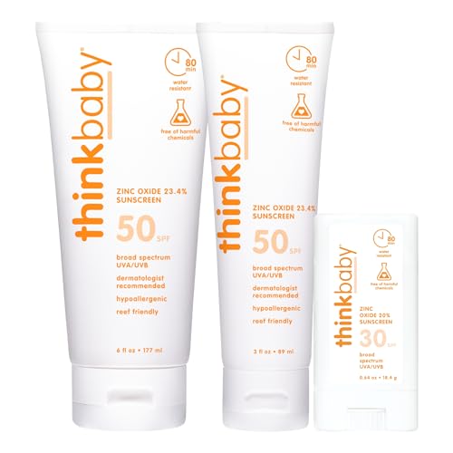 Thinkbaby Kids Sunscreen - SPF 50+ Broad Spectrum Protection, Water Resistant - 3oz, 6oz, Stick