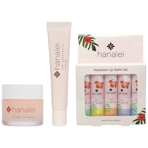 Hanalei Lip Care Gift Set - Hydrating Kukui Oil, Sugar Scrub & 5 Tropical Balm Flavors - 15g