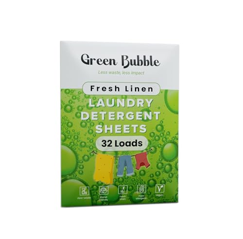 Green Bubble Laundry Detergent Sheets - Fresh Linen Scent, Gentle on Skin - 32 Loads