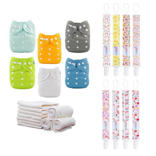 Baby Cloth Diapers 6 Pack - Waterproof, Adjustable, Includes 12 Inserts, Fits 3-15kg