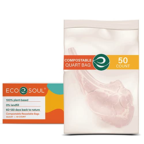 ECO SOUL Compostable Quart Food Storage Bags - Safe, Biodegradable, Leakproof - 50 Count, 10"x6"