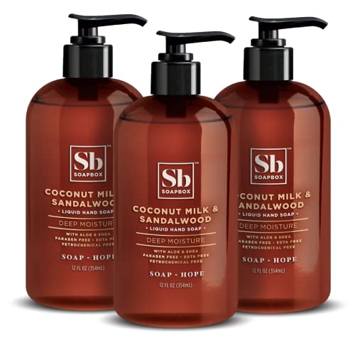 Soapbox Liquid Hand Soap - Moisturizing Coconut Milk & Sandalwood, Vegan, 12oz Pump (3-Pack)