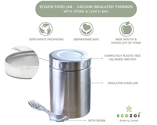 ecozoi Stainless Steel Food Storage Container - Vacuum Insulated, 17 Oz, Includes Spork & Bag