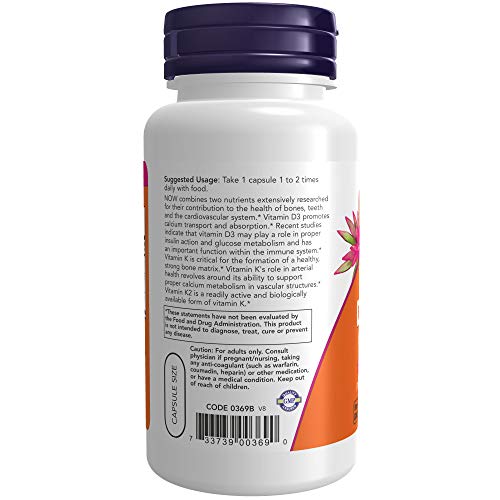 NOW Foods Vitamin D-3 & K-2 - Supports Bone & Cardiovascular Health, Non-GMO - 120 Veg Capsules