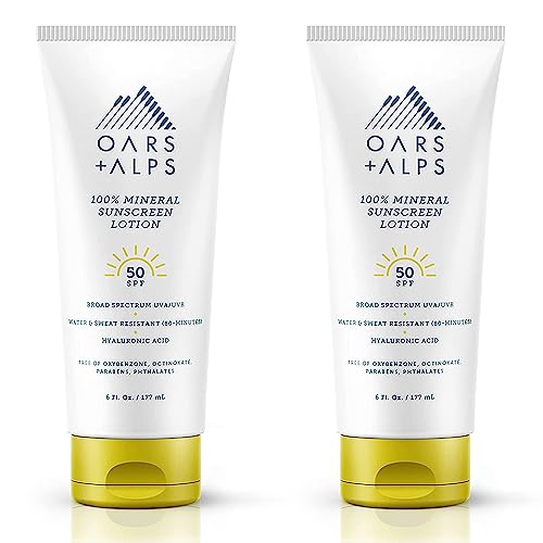 Oars + Alps Mineral Sunscreen SPF 50 - Hydrating, Vegan, Water Resistant - 2 Pack, 6 Fl Oz Each