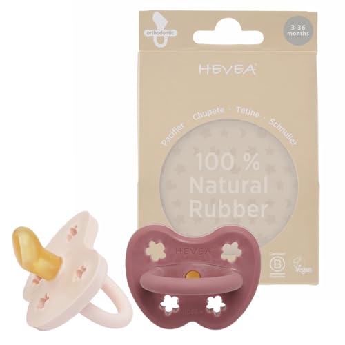 HEVEA Natural Rubber Baby Pacifier - Safe, Biodegradable, Orthodontic Design, 2 Pack - Pink/Rosewood