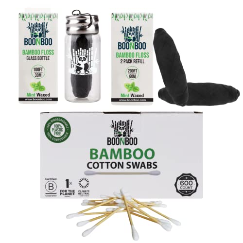 BOONBOO Bamboo Charcoal Dental Floss - Natural Clean, Vegan, Compostable + Glass Holder - 600ft