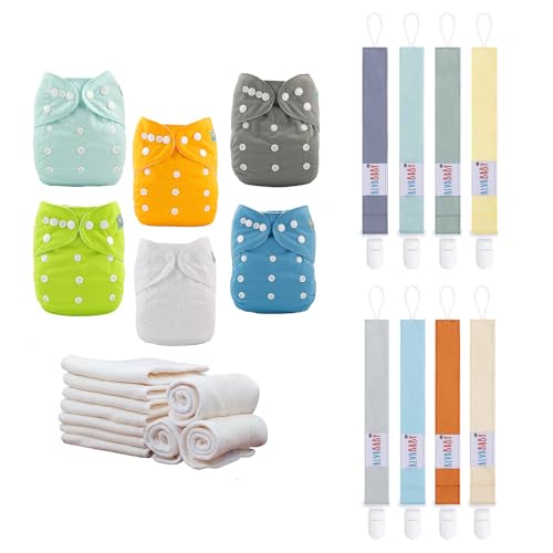 Adjustable Baby Cloth Diapers 6 Pack - Waterproof, Reusable, Includes 12 Inserts - Fits 3-15kg