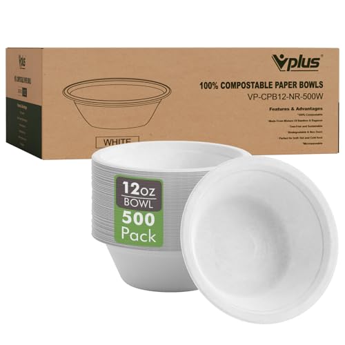 Vplus 12 oz Paper Bowls - Heavy-Duty, Compostable, Leak-Resistant for Hot/Cold Food - 500 Pack