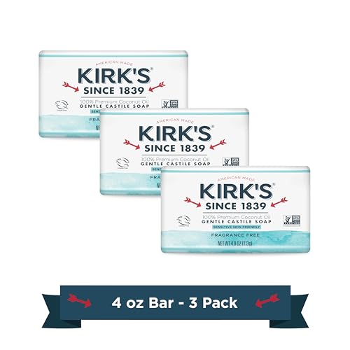 Kirk's Castile Bar Soap - Gentle Coconut Oil Cleanser for Sensitive Skin - 3 Pack, 4 oz Each