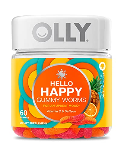 OLLY Hello Happy Gummy Worms - Mood Balance, Saffron & Vitamin D, Tropical Zing - 60 Count