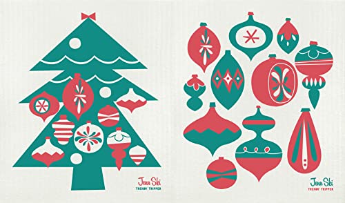 Jenn Ski Swedish Dish Cloth - Reusable, Compostable, Super Absorbent - 2-Pack: Tree & Ornaments