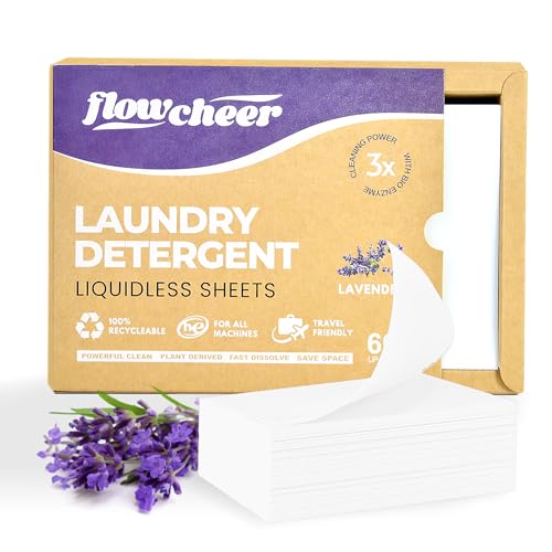 Flowcheer Laundry Detergent Sheets - Powerful Stain Removal, Plant-Based - 60 Sheets, Lavender