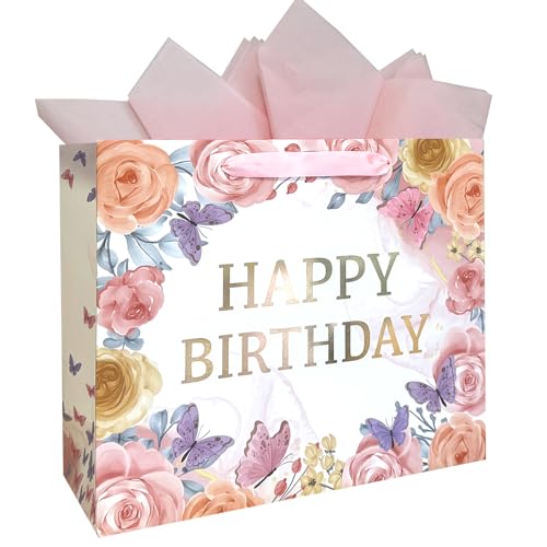 AMROSE Large Birthday Gift Bag - Durable, Recyclable, Includes Card & Tissue - 13"x10.2"x4.7"