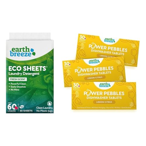 Earth Breeze Laundry Detergent Sheets & Power Pebbles - Fresh Lemon Scent, 60 Loads + 90 Loads