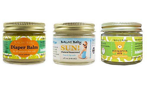 BALM! Baby Essential Kit - Natural Diaper Balm, Sunscreen, Eucalyptus Rub - 2oz Glass