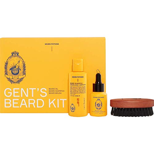 SEVEN POTIONS Beard Grooming Kit - Softens, Tames, Full-Size Beard Oil & Shampoo - Woodland Harmony