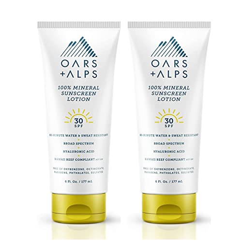 Oars + Alps Mineral Sunscreen Lotion SPF 30 - Hydrating, 80 Min Water Resistant - 6 Fl Oz, 2 Pack