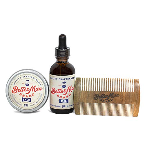 Better Man Beard Grooming Set - Hydrating Balm & Oil, Natural Ingredients, Sandalwood Comb - 3pcs