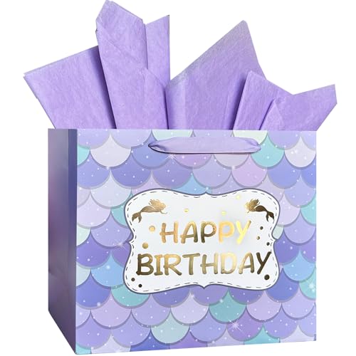 AMROSE Large Birthday Gift Bag - Durable, Recyclable, Gold Foil Design, 13" with Tissue Paper