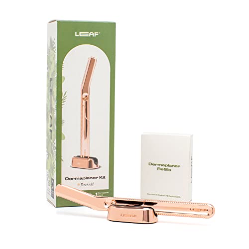 Leaf Shave Dermaplaner Kit - Exfoliates Skin, Plastic-Free Metal Razor with 12 Refills - Rose Gold