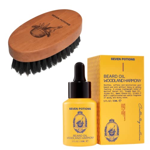 SEVEN POTIONS Beard Oil & Brush Set - Nourishes Beard, Reduces Itch, Natural Ingredients - 100ml