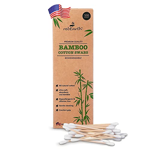 reEarth Bamboo Cotton Swabs - Organic, Hypoallergenic, Gentle for Sensitive Skin - 500 Count