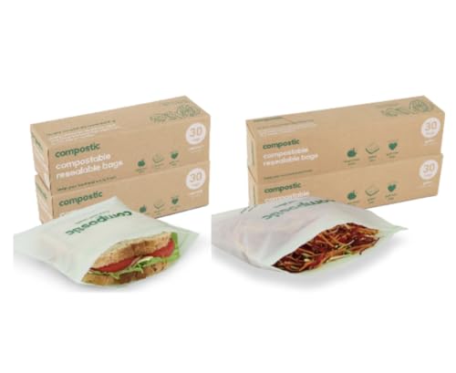 Compostic Compost Bags - 100% Compostable, Durable & Non-Toxic, 60 Resealable Sandwich & Gallon Bags