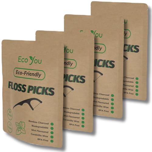 EcoYou Biodegradable Floss Picks - Mint Fresh, Charcoal Enhanced, Compostable - 200 Count