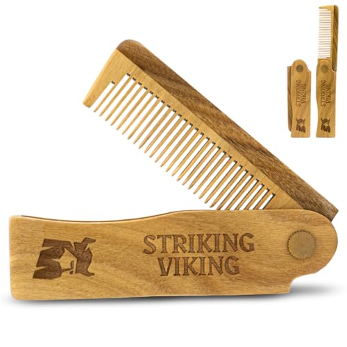 Striking Viking Wooden Beard Comb - Tames & Strengthens, Sandalwood, Portable Folding Design