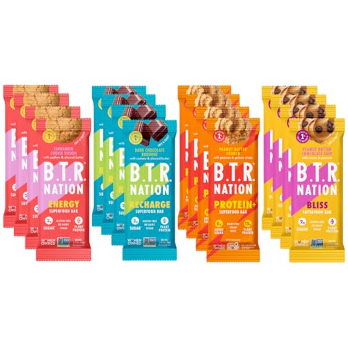 B.T.R. Bar Protein Bars - Low Sugar, Vegan, Packed with Superfoods, Variety Pack - 12 Bars