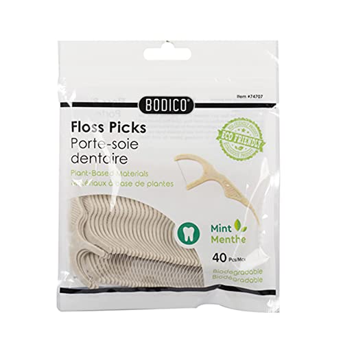 Bodico Mint Floss Picks - Biodegradable, Plant-Based Dental Care, 40 Pack - Beige